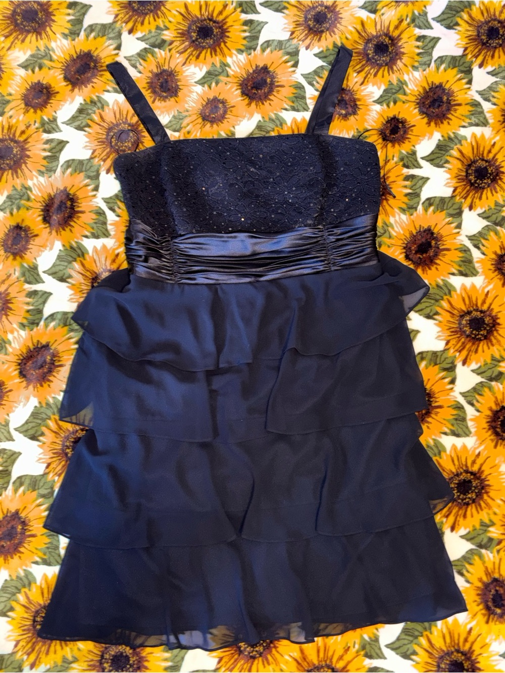 R&M Richards Navy Beaded Tiered Ruffle Dress